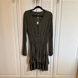 Long Sleeve Tiered V-Neck Dress in Olive by Unknown